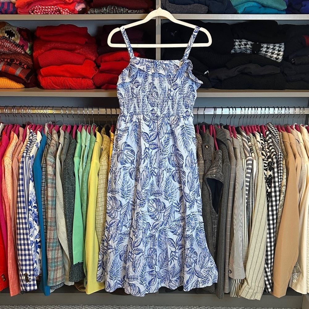 The Children’s Place blue print adjustable strap smocked midi dress size S NWT